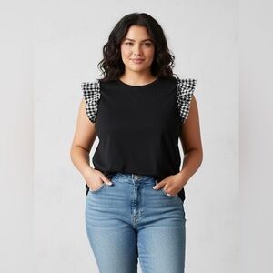 Who What Wear Women's Black Sleeveless Top with Gingham Ruffle Sleeves, Size XXL